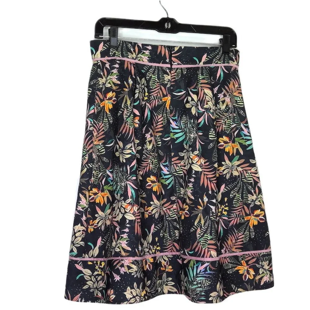 Lefon QUZU Black Skirt Colorful Floral Boho A-Line Soft Pleats Knee Length Sz 40
